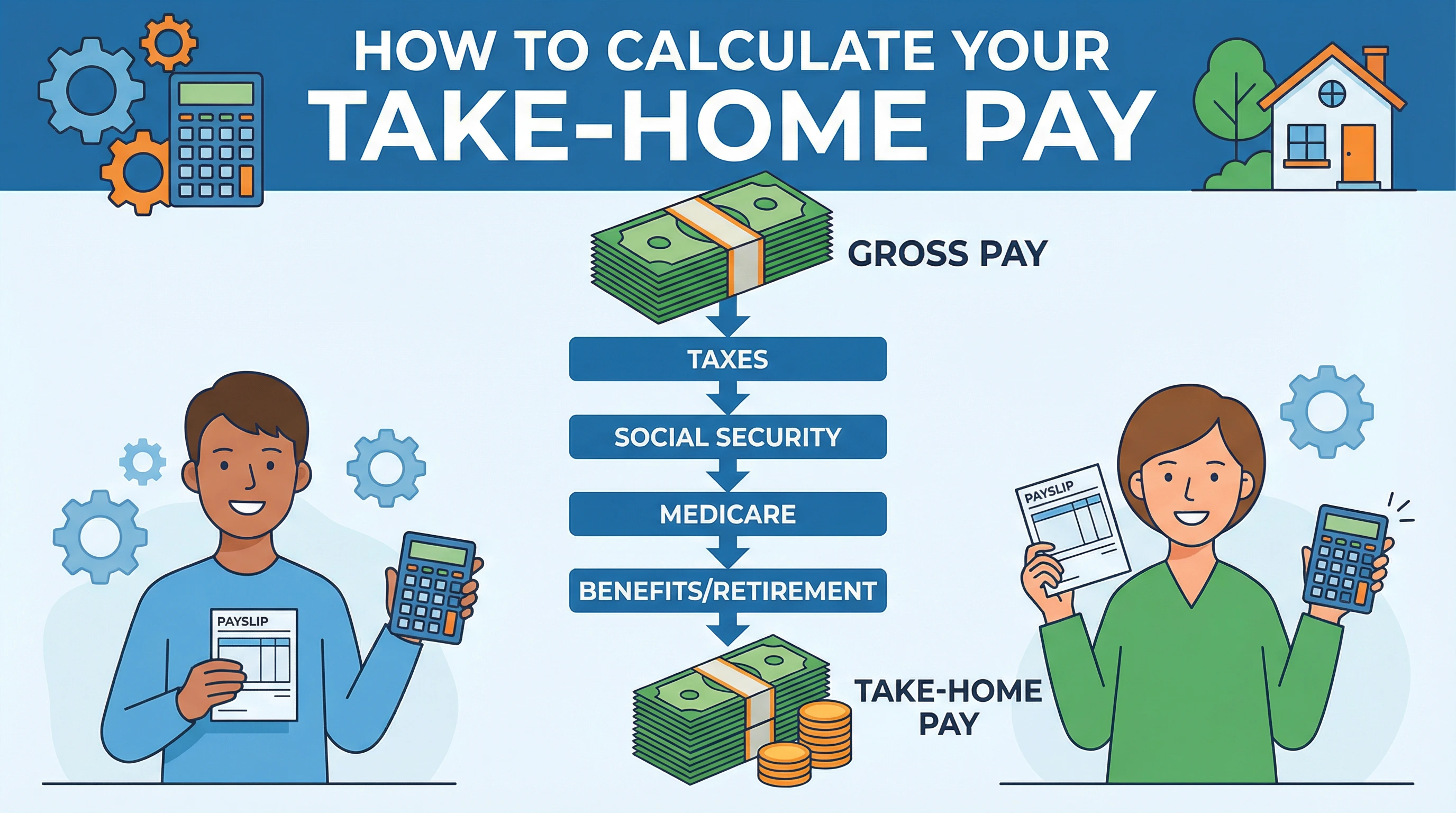 Illustration of a person calculating their paycheck.